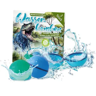 Lutz Mauder 3 wiederverwendbare Wasserballons, Verpackung im Dino Style, farbige Wasserbomben Silikon ohne Aufdruck, schnell befüllbar mit Magnetverschluss, Kinder, Erwachsene, Outdoor, Garten, Pool