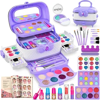 Hollyhi 58Pcs Wirklich Kinderschminke Set, Sicher Waschbar Schminkkoffer Mädchen Schminke Spielzeug, Geburtstag Weihnachten Kinder Make Up Set Mädchen Geschenke 3 4 5 6 7 8 9 10 11 12 Jahre (Lila)