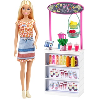 Barbie GRN75 - Wellness Smoothie Bar Spielset mit blonder Barbie, Saftbar und 10 Zubehörteile, Spielzeug ab 3 Jahren
