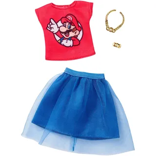 Mattel Barbie FKR83 - Super Mario Kleidung, Mode Set - Blauer Tüllrock und rotes Shirt mit Mario Print, inkl. Armreif und Halskette