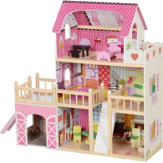 AIYAPLAY Puppenhaus aus Holz, Spielhaus mit 3 Etagen, 13 Möbelstücke, abnehmbare Garage, Rutschen & Balkon, 92,1 cm Hoch Dollhouse für 3-6 Jahre Kinder, Rosa   Aosom