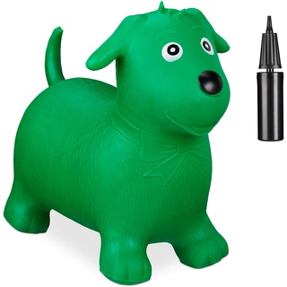 Relaxdays Hüpftier Hund, inklusive Luftpumpe, Hüpfhund bis 80 kg, Hopser BPA frei, für Kinder, Hüpfspielzeug, grün 45 x 55 x 27 cm