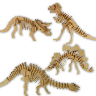 3D Holz Puzzle - Dinosaurierskelett - 4 Dino-Modelle - je ca. 30 x 12 cm groß - Dinosaurier aus Naturholz