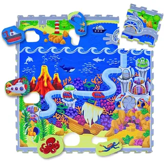 Hakuna Matte Puzzlematte für Babys Ozean 1,2x1,2m – 16 Puzzlematten mit Straßen und 11 Autos – 20% dickere Spielmatte in Einer umweltfreundlichen Verpackung – Schadstofffreie, geruchlose Krabbelmatte
