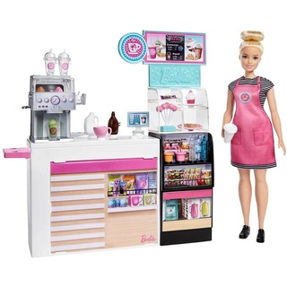 Barbie GMW03 - Naschcafé Spielset, kurviger Blonde (30,4 cm), 20 realistische Spielteile: Maschine, Milch, Sirup, Kaffeebecher, Wasserflaschen, Süßigkeiten, Snacks und mehr, ab 3 Jahren