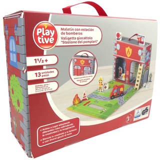 Playtive Spielkoffer Feuerwehrstation 13-teilig tragbar große Spielfläche spi...