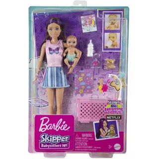 Barbie "Skipper Babysitters Inc." Puppe mit Gitterbett, Baby & Zubehör Spielset (lila Strähnen)