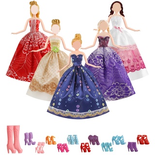 Asiv 17 Stück Mode Urlaubstag Kleidung Kleider für Barbie Puppen Doll, 5 Partymoden Hochzeit Prinzessin Kleider + 12 Paar Schuhe für Weihnachten und Geburtstag Geschenk