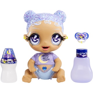 Glitter Babyz MGA Selena Stargazer - Babypuppe mit 3 magischen Farbwechseln durch eiskaltes Wasser, Lila Glitzer-Haar, Mond und Sterne-Outfit, Windel, Flasche und Schnuller - Für Kinder ab 3 Jahren