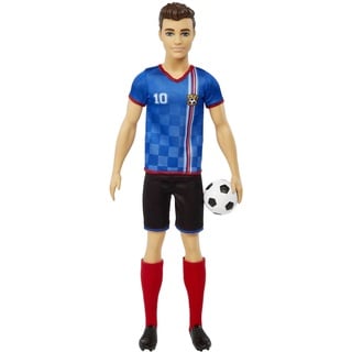 Barbie You Can Be Anything Serie, Ken Fußballspieler Puppe, Ken Puppe mit braunen Haaren, blaues Trikot, Fußball, 1x Ken Fußballspieler Puppe, Geschenk für Kinder, Spielzeug ab 3 Jahre,HCN15