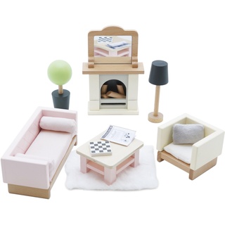 Le Toy Van - ME058 - Puppenhaus-Wohnzimmer, Alter 3, 19-teiliges Holzmöbel-Set, Öko-Spielzeug, Montessori, inklusive Tisch, Sofa, Sessel, Kamin, Lampe, Zimmerpflanze