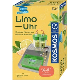 KOSMOS 658090 Limo-Uhr, Erzeuge Strom aus Limonade, Uhr mit Batterie selbst Bauen, Experimentierset für Kinder ab 8 Jahre zu Elektro-Chemie, Experimentierkasten, kleines Geburtstagsgeschenk