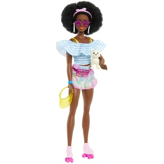 Barbie - Rollerskate-Puppe mit Welpen und Trendiger Kleidung, Afro-Hairstyle und Accessoires für Geschichtenerzählen und Styling-Spaß, für Kinder ab 3 Jahren, HPL77