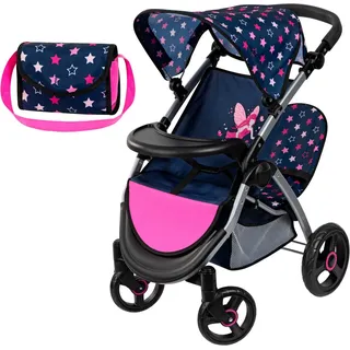 Bayer Puppen-Zwillingsbuggy Twin Star, blau/pink, mit Wickeltasche blau