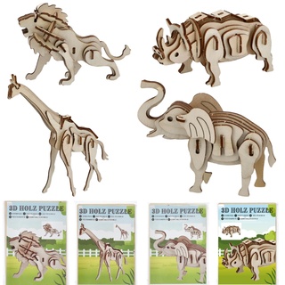 Bada Bing 4er Set Naturholz 3D Mini Puzzle Safari Holzpuzzle Zootiere zum Basteln und Konstruieren 85