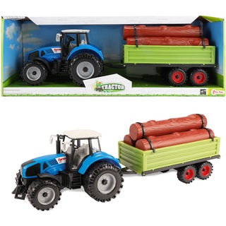 Toi-Toys Spielzeug Traktor mit Holzanhänger für Kinder - Kindertraktor mit Anhänger - Spielzeugauto Bauernhof - ca. 20 cm - Blau - ab 3 Jahren