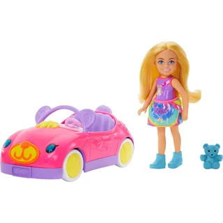 Barbie Chelsea-Puppe und Spielzeugauto-Set mit Cabrio im Bären-Design und Teddybär, Blonde kleine Puppe mit abnehmbarem Rock und Schuhen, HXN05