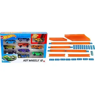 Hot Wheels 54886 1:64 Die-Cast Auto Geschenkset, je 10 Spielzeugautos, zufällige Auswahl, Spielzeug Autos ab 3 Jahren, 10er Pack+FTL69 - Auto und Mega Track Pack, Spielzeug ab 4 Jahren+
