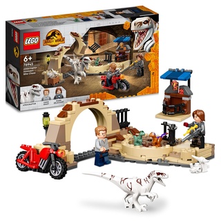 LEGO 76945 Jurassic World Atrociraptor: Motorradverfolgungsjagd, Set mit 3 Dinosaurier Figuren und Spielzeug Motorrad für Kinder ab 6 Jahren