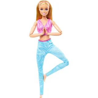 Barbie Made-to-Move-Modepuppe mit blondem Haar, abnehmbarem pinkfarbenen Sportoberteil und Blauer Yogahose, 22 bewegliche Gelenke“, HRH27