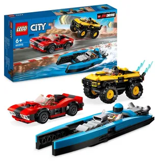 LEGO 60395 City Rennfahrzeuge Kombiset, 2K DRIVE Videospiel-Fahrzeug-Set mit Sportwagen, SUV, Boot und 3 Rennfahrer-Minifiguren, Rennspiel für Kin...