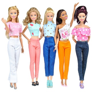 E-Ting Kleidung für Barbie-Puppen, 7 Sets = 14 Teile – 7 x Oberteile, 7 x Hosen