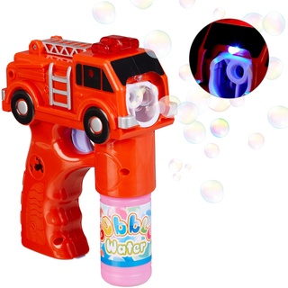 Relaxdays 10024935 LED Seifenblasenpistole Feuerwehr, batteriebetrieben, mit Seifenblasen Flüssigkeit, für Kindergeburtstag, rot