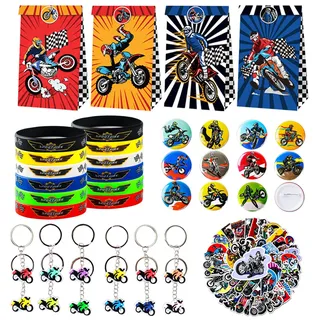 98PCS Motorrad Party Mitgebsel, Dirt Bike Party Zubehör, Dirt Bike Geburtstagsparty-Zubehör, Motorrad Geburtstag Mitgebsel Inklusive Geschenktüten Armbänder Abzeichen Schlüsselanhänger Aufkleber