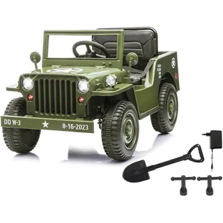 Jamara Elektro-Kinderauto Ride-on Jeep Willys MB Army grün, Belastbarkeit 25 kg, 12V/4,5Ah, Softanlauf, Bluetooth, USB-Anschluss grün