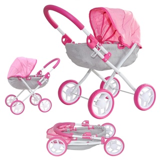 Milly Mally Puppenwagen Dori klappbar, für Mädchen ab 3 Jahren, mit Verdeck, Schaumrädern, Gurten Prestige Pink Rosa
