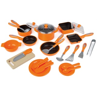 28 TLG Kochtopf Set für Spielküche Töpfe Pfannen Bräter viel Zubehör orange
