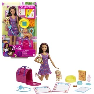 Barbie Welpenadoption - Puppe und 2 Welpen sogar mit Adoptionszertifikate, Farbwechseleffekt, Transportbox und Zubehör, für Kinder ab 3 Jahren, HKD86