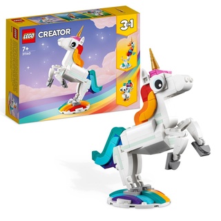 LEGO 31140 Creator 3in1 Magisches Einhorn Spielzeug, Seepferdchen, Pfau, Regenbogen-Einhorn-Tierfiguren, Geschenk für Mädchen und Jungen, baubare...