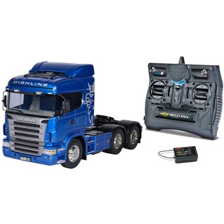 TAMIYA 56327 1:14 RC Scania R620 6x4 Highl.blau lackiert - LKW Bundle inklusive Fernsteuerung (FS Reflex Stick II 2.4 GHz 6CH), RC-Truck, fernsteuerbarer LKW, Modellbau, Bausatz, Lastwagen