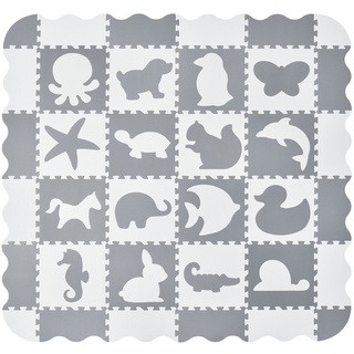 Juskys Kinder Puzzlematte Timon 36 Teile mit 16 Tieren - rutschfest – grau weiß