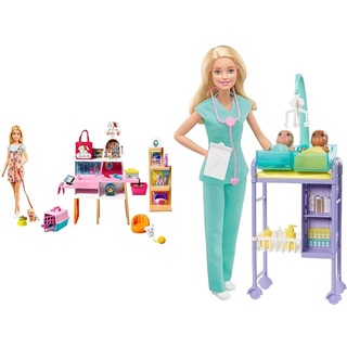 Barbie GRG90 - Puppe und Haustiersalon-Spielset mit 4 Haustieren, Farbwechsel-Fellpflegefunktion und Zubehör & GKH23 - Kinderärztin-Spielset mit Blonder Puppe, 2 Baby-Puppen, Untersuchungstisch