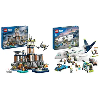 LEGO City Passagierflugzeug Spielzeug-Set, großes Flugzeug-Modell & City Polizeistation auf der Gefängnisinsel, Polizei-Spielzeug mit Hubschrauber