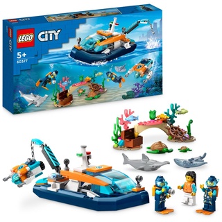 LEGO 60377 City Meeresforscher-Boot Spielzeug, Set enthält ein Korallenriff, ein U-Boot, 3 Minifiguren und Mantarochen, Haie, Krabben und 2 Schild...
