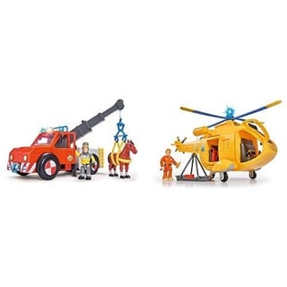 Simba 109258280 - Feuerwehrmann Sam Phoenix Rettungsfahrzeug mit Figur und Pferd & 109251002 - Feuerwehrmann Sam Hubschrauber Wallaby II mit Tom Thomas Figur