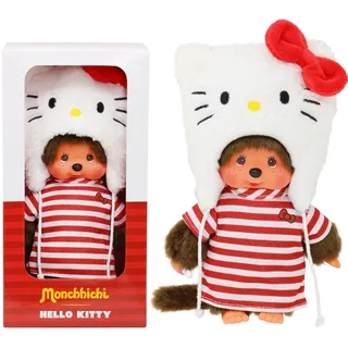 Bandai - Monchhichi - Monchhichi Hello Kitty Plüsch - Ikonischer Affenplüsch der 80er Jahre - Weicher 20cm Plüsch für Kinder, Erwachsene - Hello Kitty Mütze - Spielzeug für Kinder ab 2 Jahren SE252848