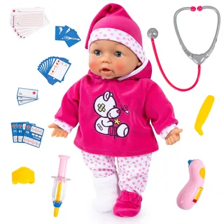 Bayer Design 93841AA Babypuppe, Funktionspuppe, Doktorpuppe, Doctor Baby 38cm, mit Sounds, Interaktiv, Weichkörper, Schlafaugen, Zubehör, Rosa, Weiß, Sterne