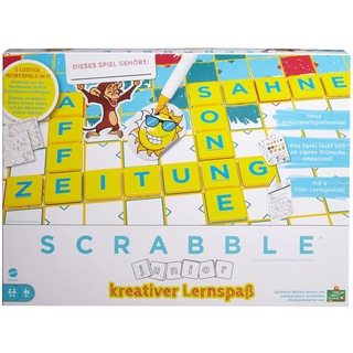 Mattel Games HCK86 - Scrabble Junior Kids Kreuzworträtsel-Spiel mit 2 Spielebenen, 6 Minispielen & Aufklebern für die individuelle Gestaltung, Brettspiel ab 6 Jahren