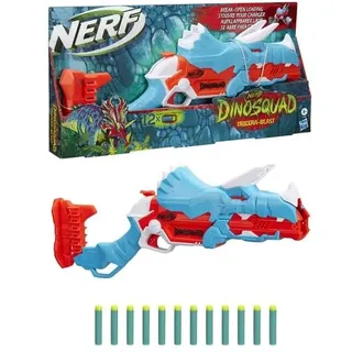 Hasbro F0803EU4 - Nerf DinoSquad Tricera-Blast Dart-Blaster, aufklappbarer 3-Dart Lauf, 12 Nerf Darts