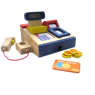 ESTIA Holzspielwaren Kaufladensortiment Kaufladenkasse aus Holz mit Scanner und Taschenrechner, für Kaufläden, lehrreich durch realitätsnahes Spiel blau|gelb|rot