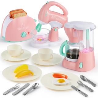 JOYIN Spielküchen Spielzeug, Rollenspiel Küchengeräte Spielzeugset mit Kaffeemaschine, Mixer, Toaster mit realistischen Lichtern und Geräuschen, Geschenk für Kinder im Alter von 2 3 4 5 Jahren (Pink)