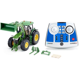 siku 6795, John Deere 7310R Traktor mit Frontlader, Grün, Metall/Kunststoff, 1:32, Ferngesteuert, Inkl. Bluetooth-Fernsteuerung und Zubehör, Steuerung via App möglich