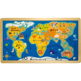 small foot Rahmenpuzzle Weltkarte aus Holz, schult das Wissen über Kontinente und Ozeane, ab 4 Jahren, 4240, Mehrfarbig