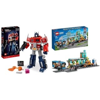 LEGO 10302 Icons Optimus Prime Set, 2in1 Roboter-Figur und LKW-Modell & 60335 City Bahnhof, Spielzeug Mit Schienen-LKW, Straßenplatte