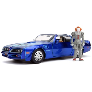 Jada Toys Pennywise & Henry Bower's IT 1977 Pontiac Firebird, Spielzeugauto aus Die-Cast, inkl. Pennywise & IT Zombie Figur, Auto, Türen, Kofferraum + Motorhaube zum Öffnen, 1:24, blau, 253255022