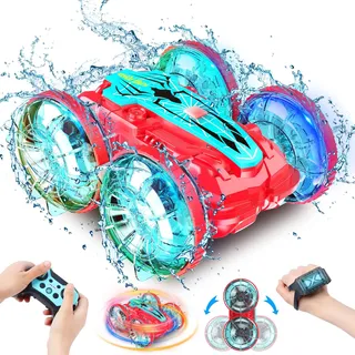 Amphibienfahrzeug Ferngesteuertes Auto, Wasserdichtes 4WD Stunt Auto zum Spielen Wasser & Land mit LED Leuchten,360 °Drehbar, Gestensensor,1 Batterie,Geschenke für Kinder im Alter von 4–7, 8-12+